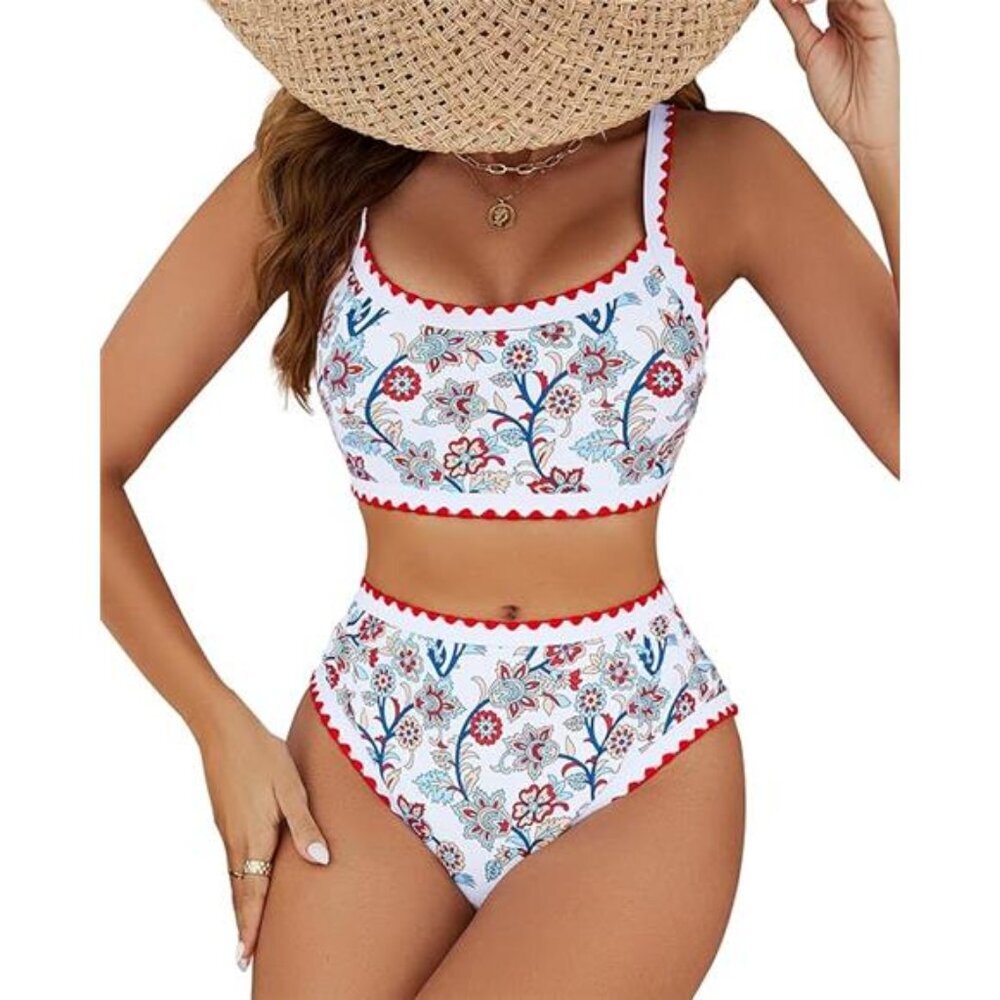 High Waisted Bikini Sets for Women Tummy Control Swimsuit Floral Full Coverage - Picture 8 of 8